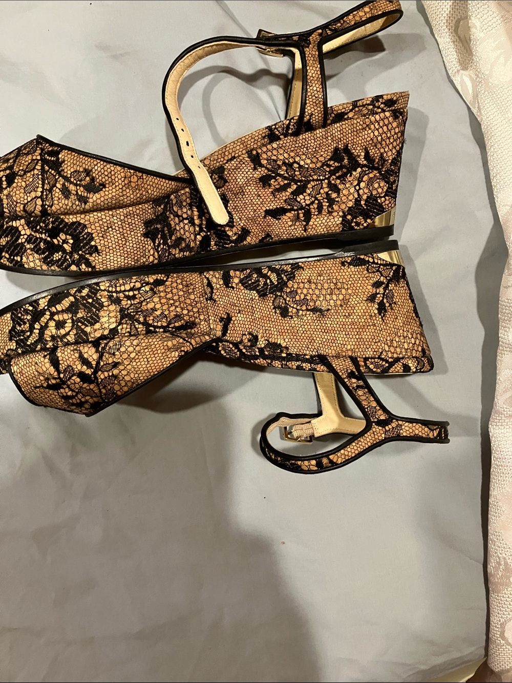 Jimmy Choo Black Lace-Overlay Tan Platform Sandals - Picture 4 of 12